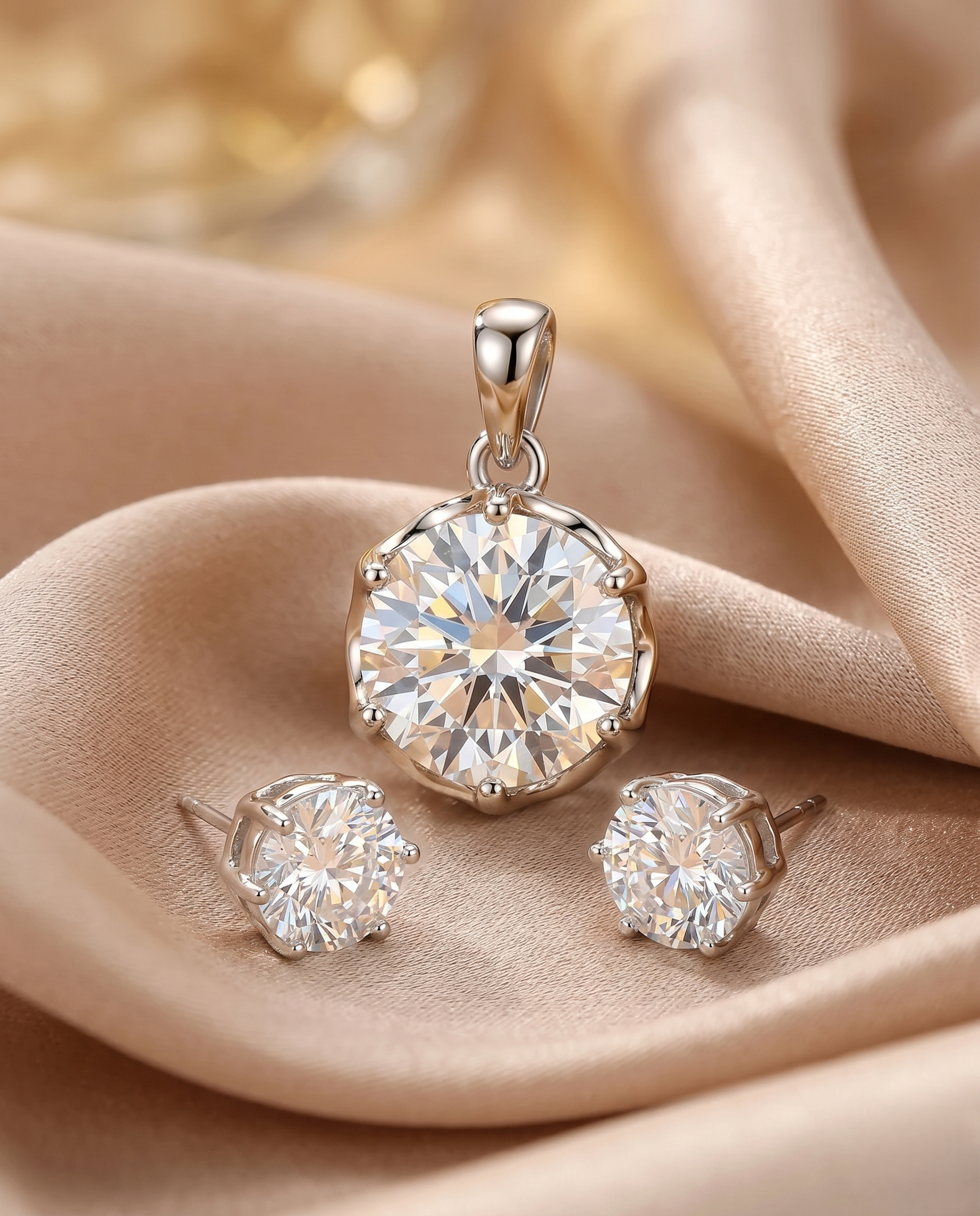 Premium Sparkle Large Solitaire Diamond Pendant with Chain & Matching Stud Earrings