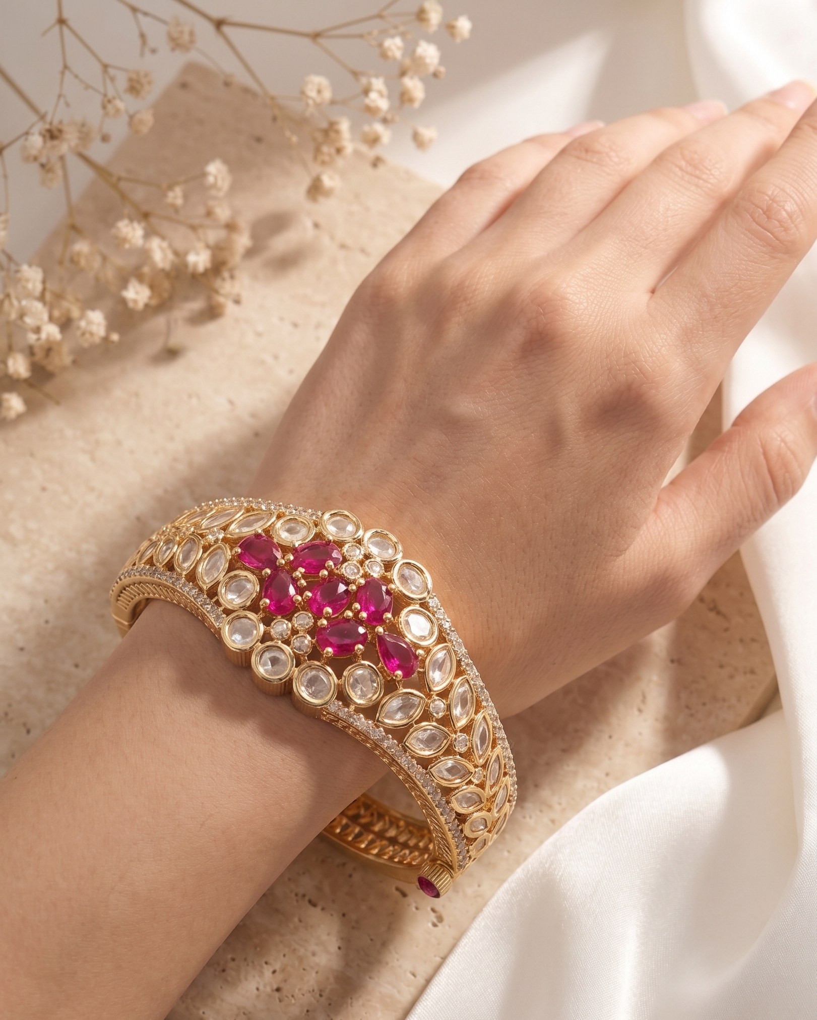 Ruhani Ruby Kundan Traditional Polki Openable Bracelet with CZ Stones for Women