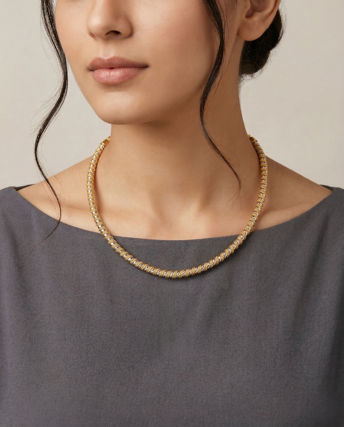 Two Tone Twisted Hasli Chain Necklace for Women | Gold Silver Textured Necklace