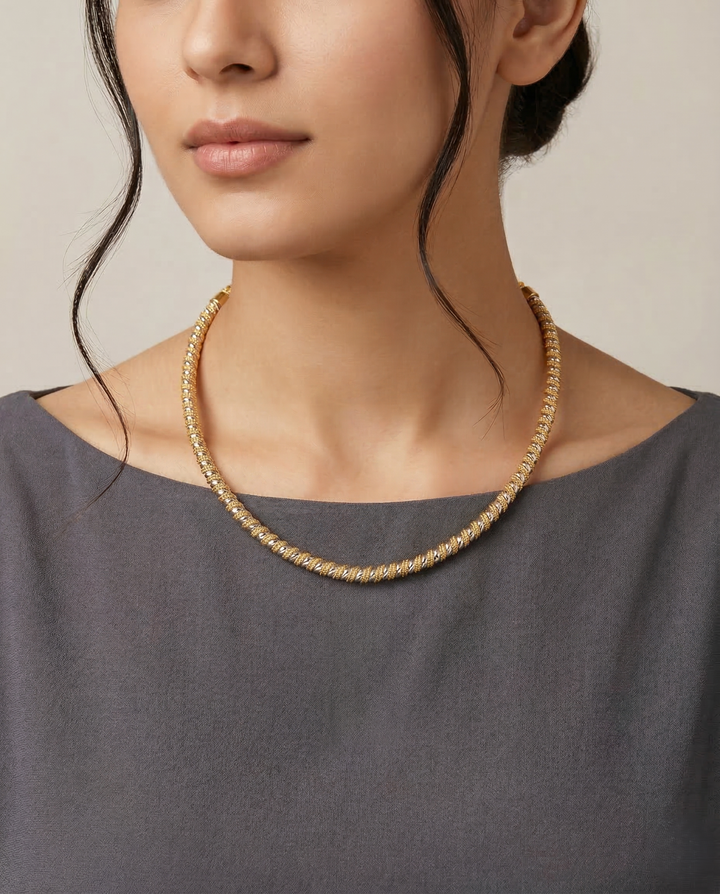 Two Tone Twisted Hasli Chain Necklace for Women | Gold Silver Textured Necklace