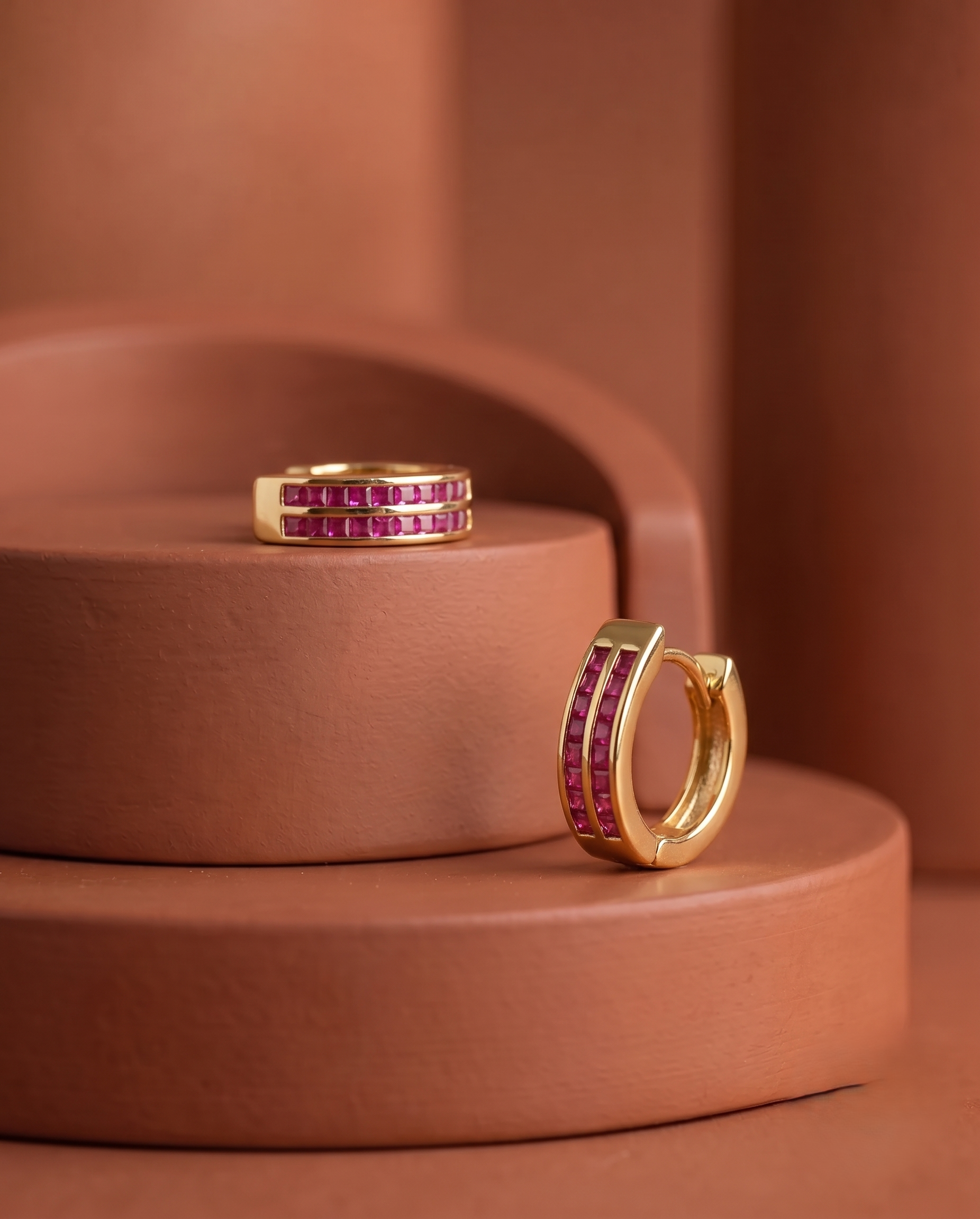 Minimal Ruby CZ Hoop Earrings – Gold Finish