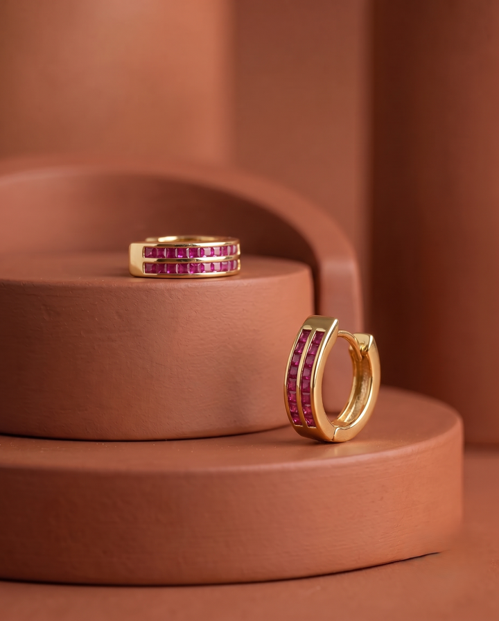 Minimal Ruby CZ Hoop Earrings – Gold Finish