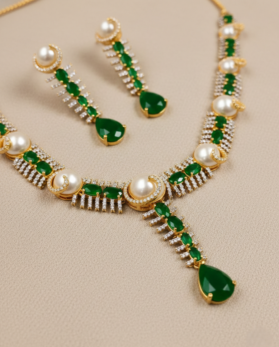 Green Stone & Pearl Diamond Necklace Set with Earrings – Gold Polish