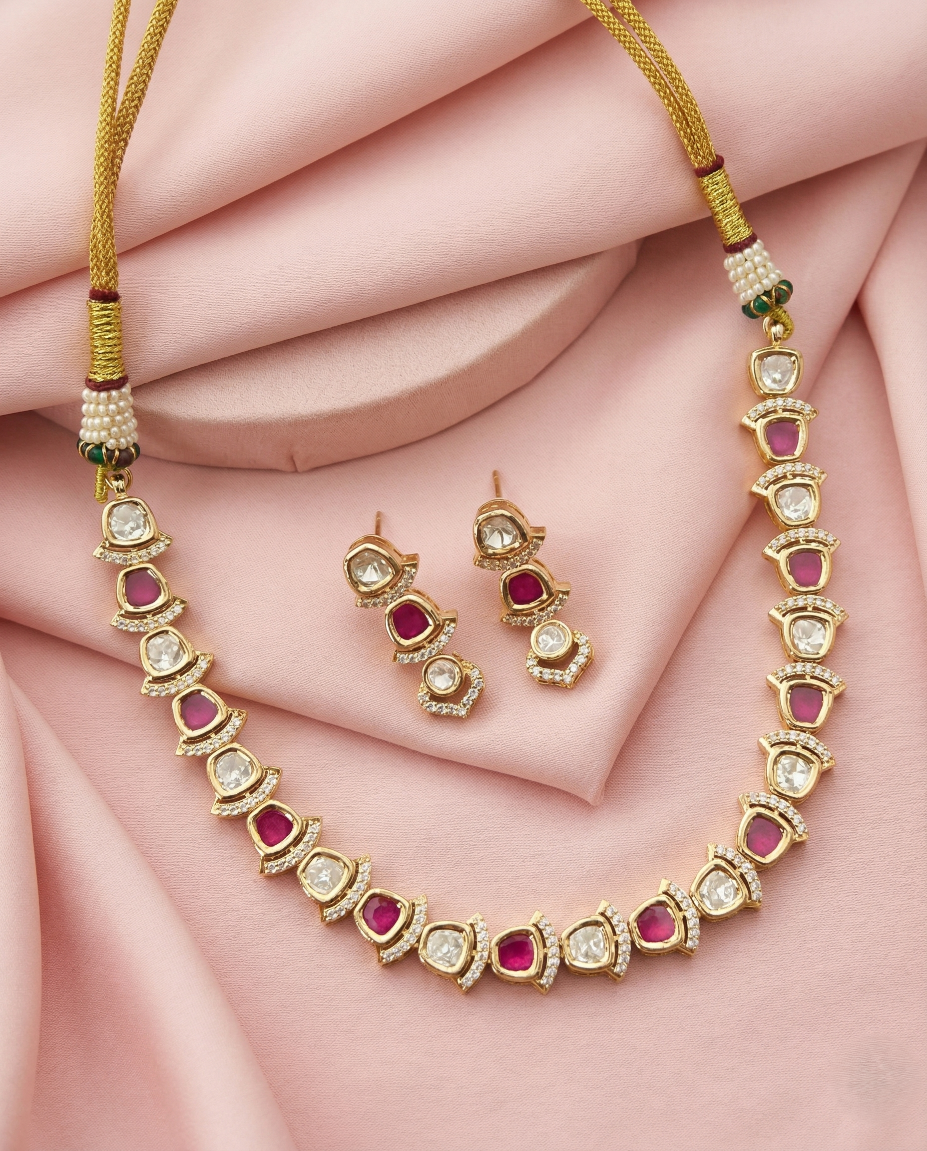 Elegant Kundan Short Necklace Set White Green Pink Detailing Real Gold Tone with Earrings