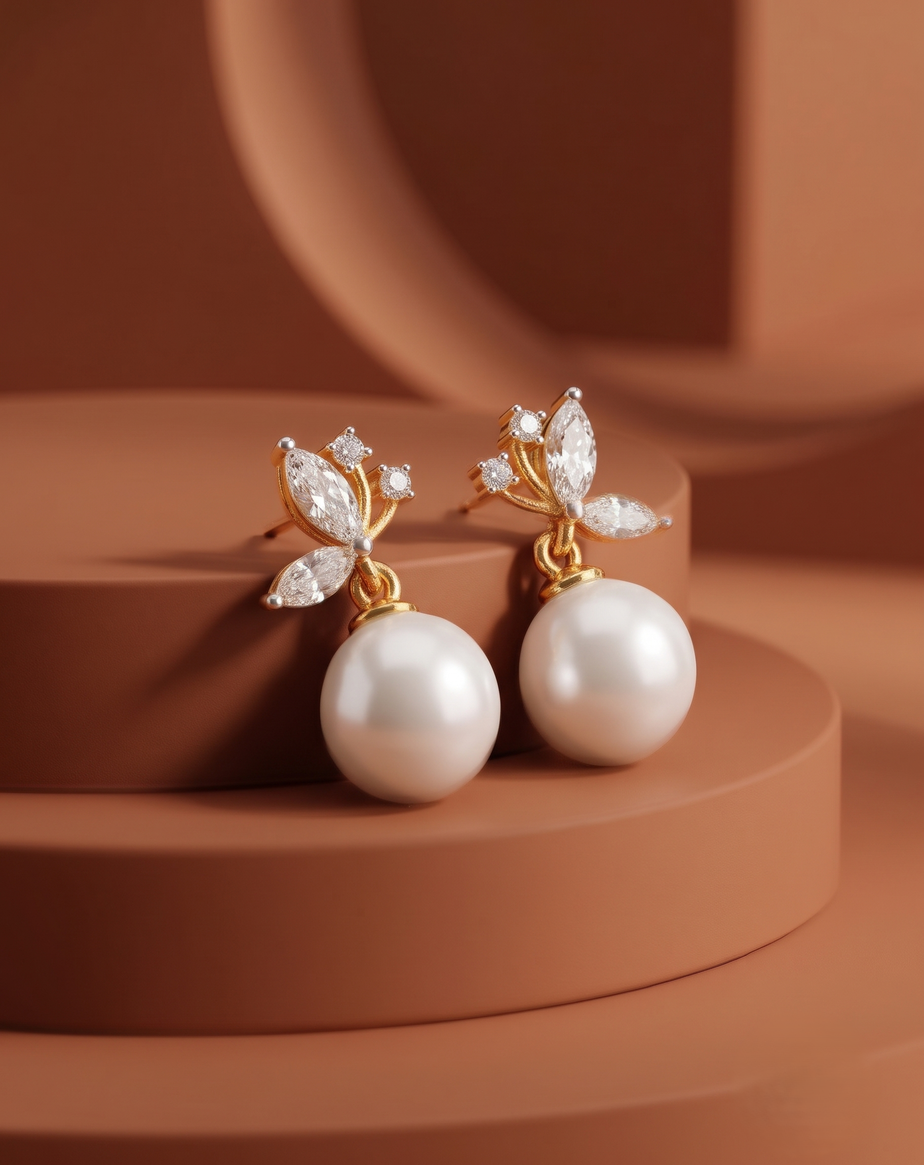 Premium Pearl Bloom Drops – Gold Polish Diamond Leaf Pearl Earrings