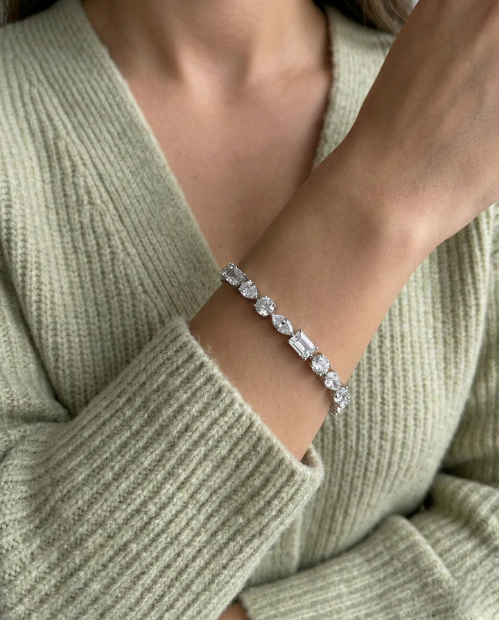 Openable Premium Multi-Shape Crystal Bracelet in Silver Tone