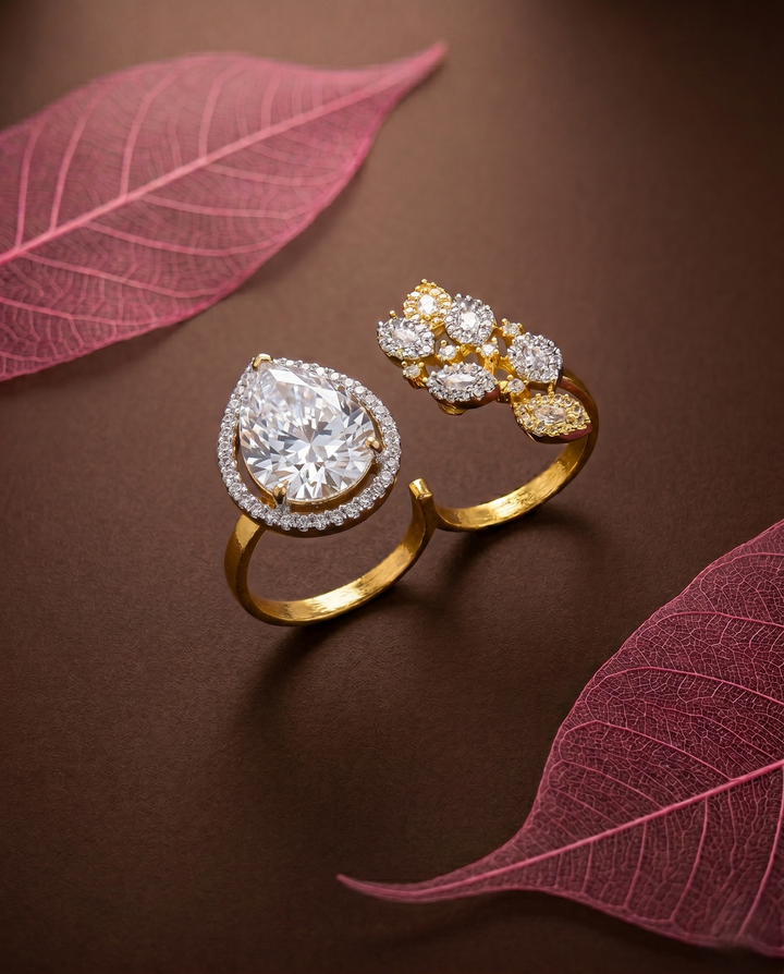 Dual Elegance Adjustable Ring – Statement Stone & Diamond Cluster | Fit for All Fingers