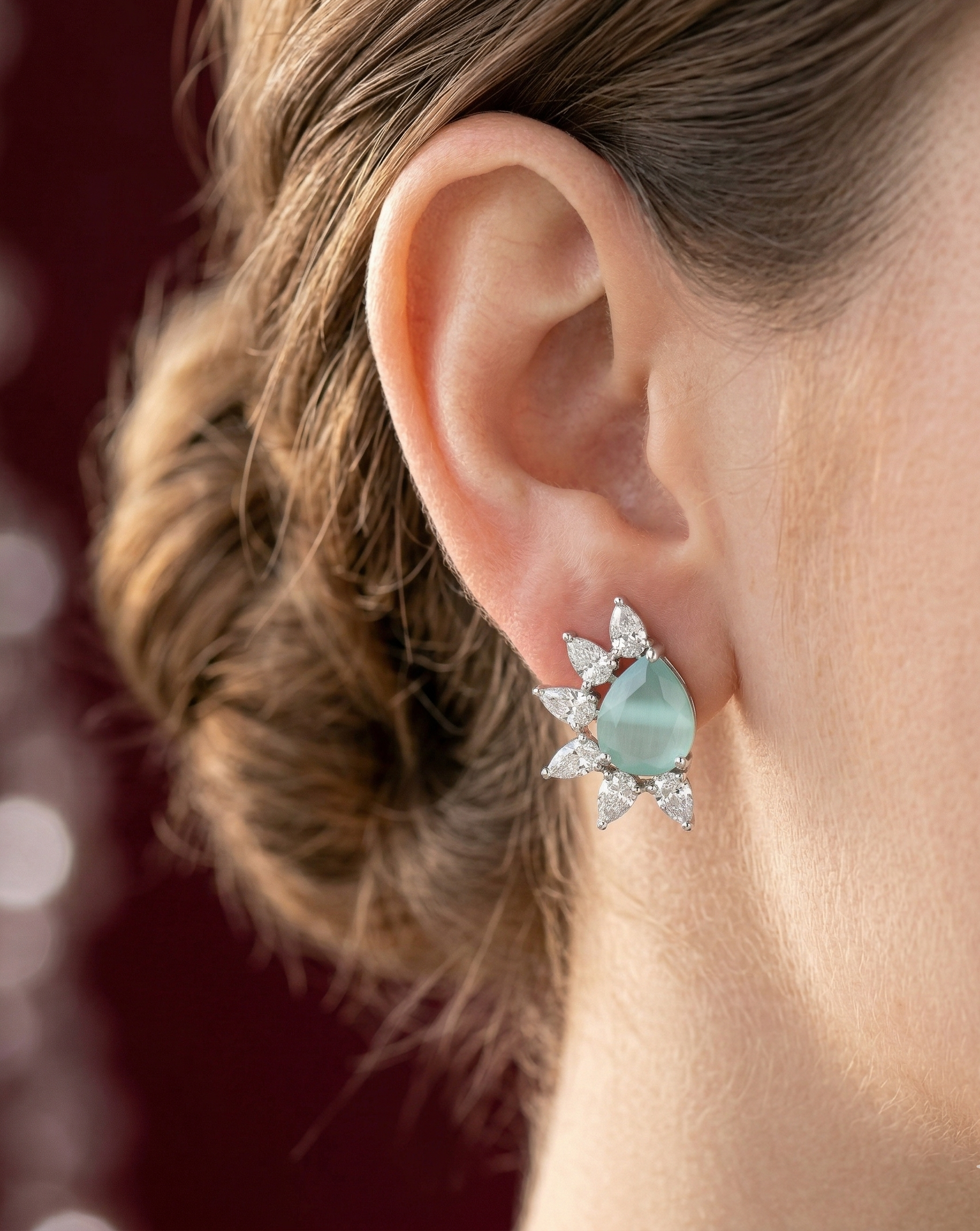 Celestia Bloom Studs – Pear Stone Diamond Floral Earrings (Multi Color Variants) - Silver Plated