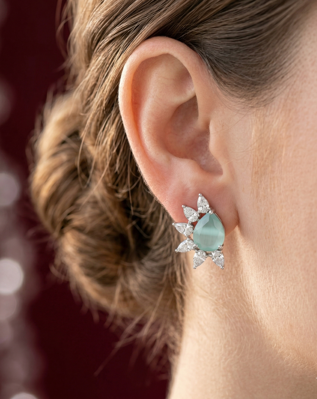 Celestia Bloom Studs – Pear Stone Diamond Floral Earrings (Multi Color Variants) - Silver Plated
