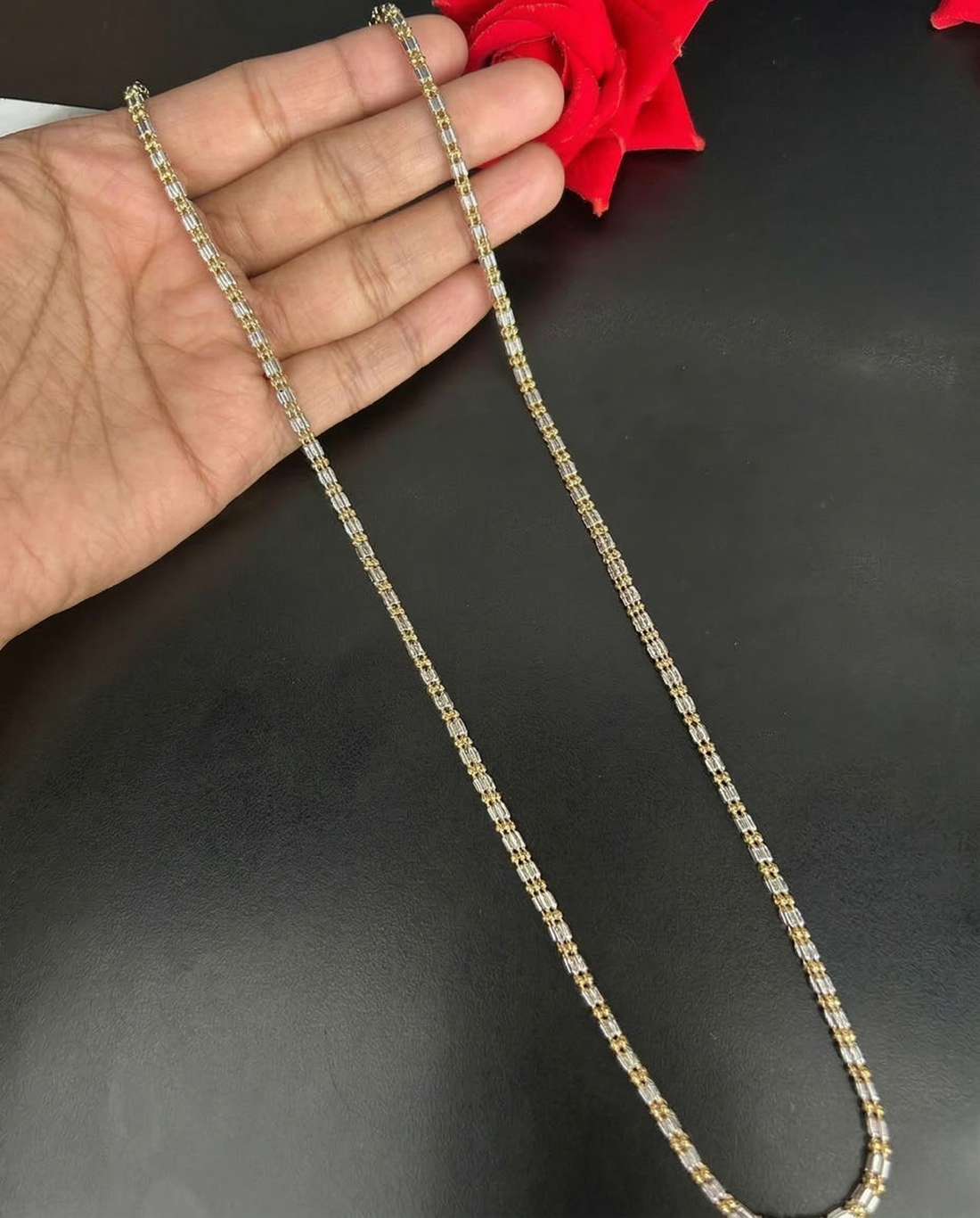 Two Tone Rectangular Link Chain Necklace | Gold Silver Designer Long Chain for Women