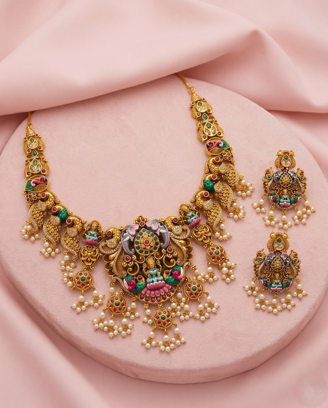 Antique Temple Elephant Lakshmi Necklace Set with Pearl Hangings