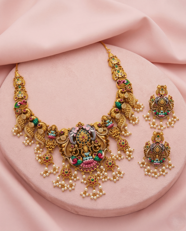 Antique Temple Elephant Lakshmi Necklace Set with Pearl Hangings