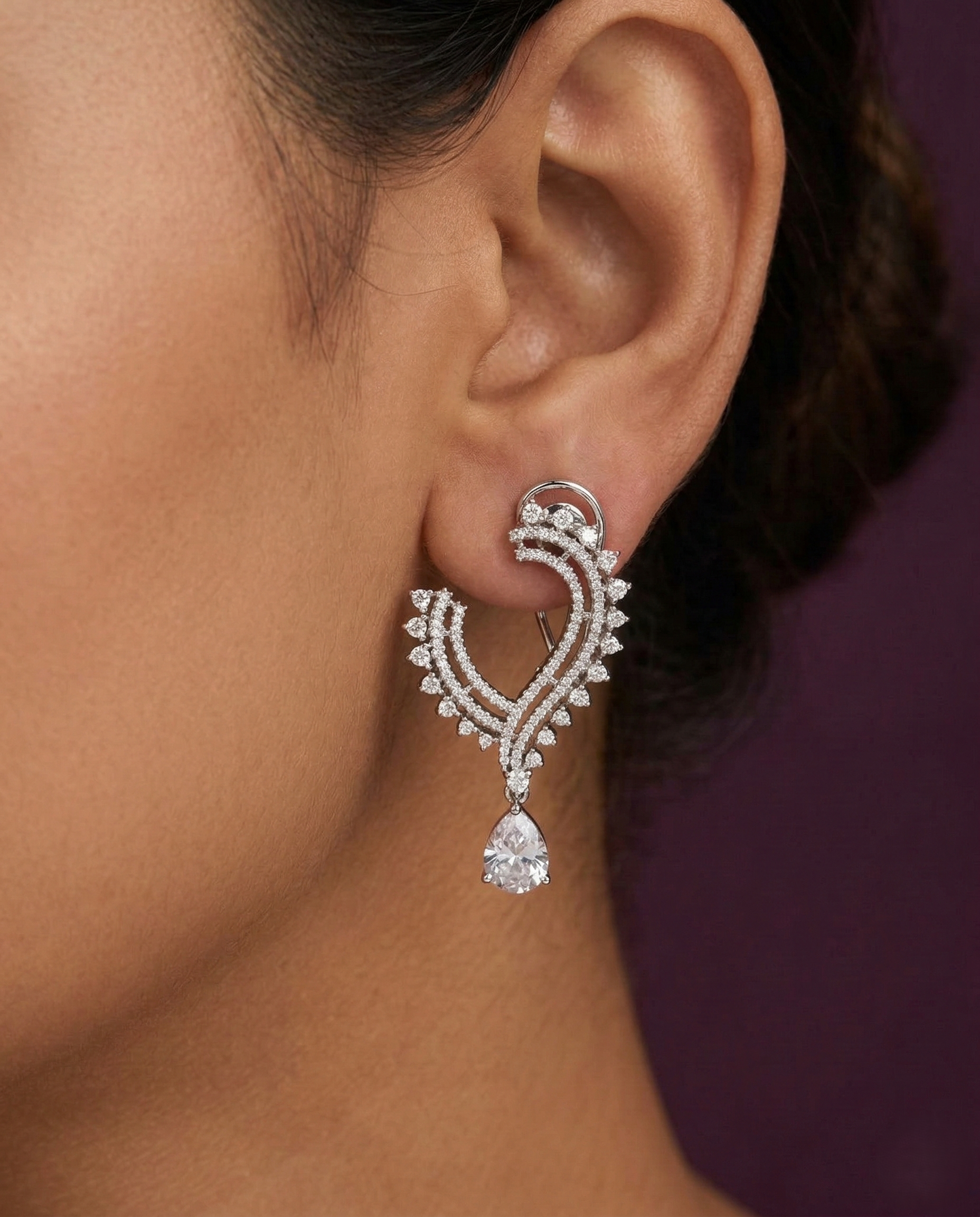 CZ Drop Earrings with Pear Cut Stone – Silver Finish