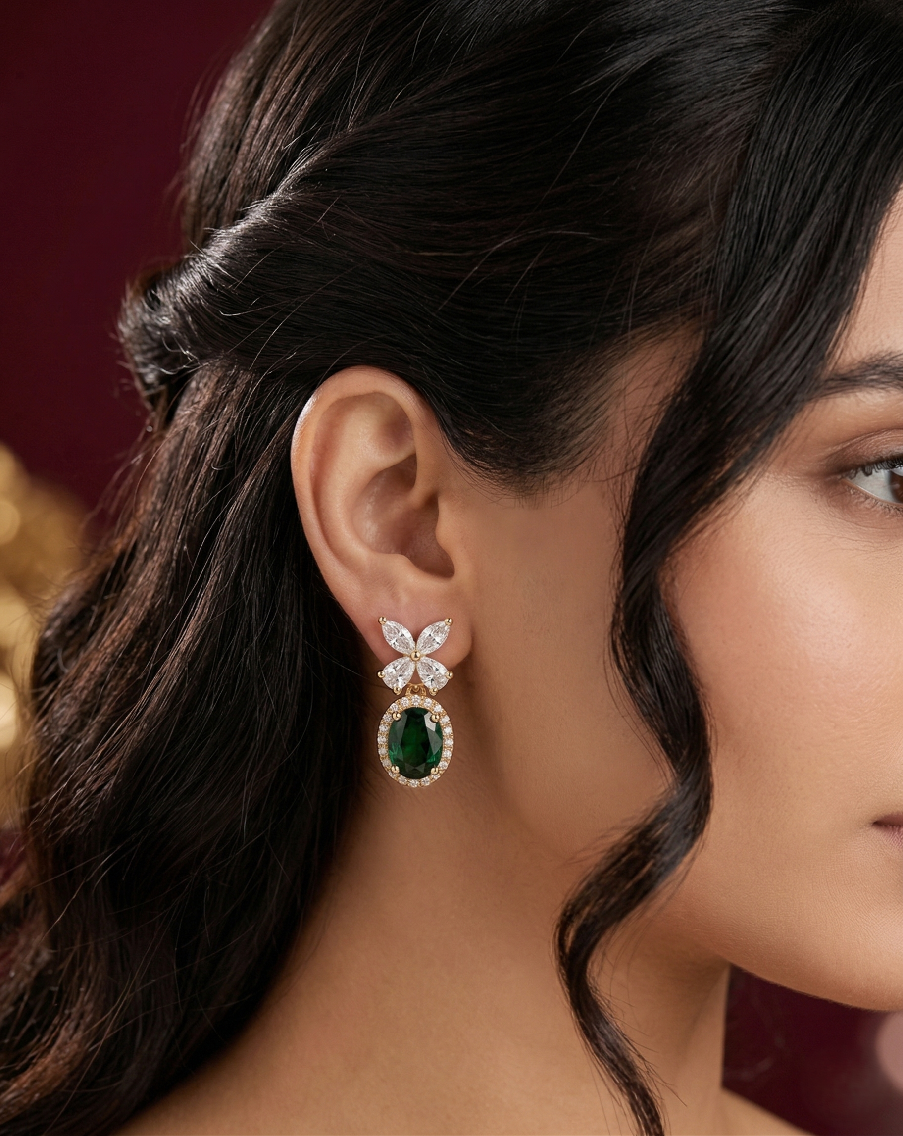 Veloura Bloom Drops – Floral Diamond Oval Earrings in Ruby, Black, White & Green