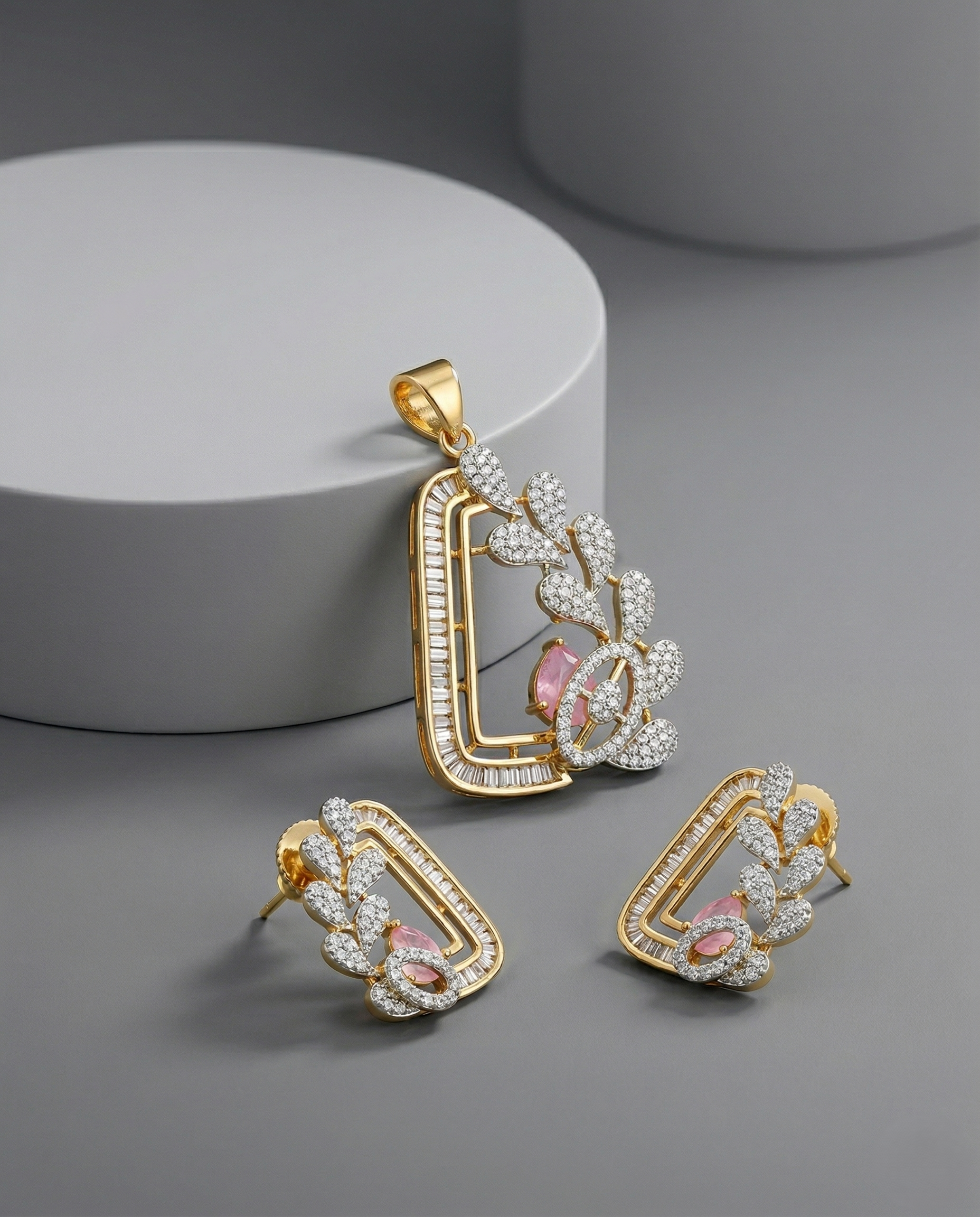 Premium Pink Crystal Designer Geometric Pendant Set in Gold Tone