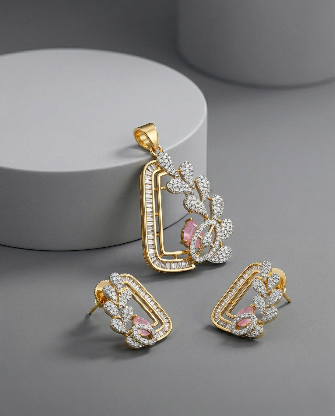 Premium Pink Crystal Designer Geometric Pendant Set in Gold Tone