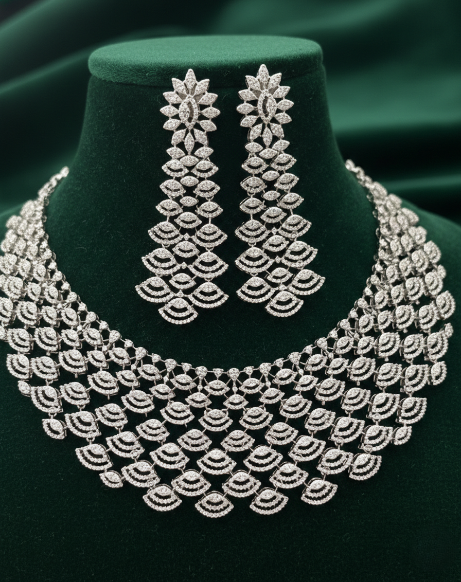 White Diamond Style Statement Necklace Set with Matching Earrings