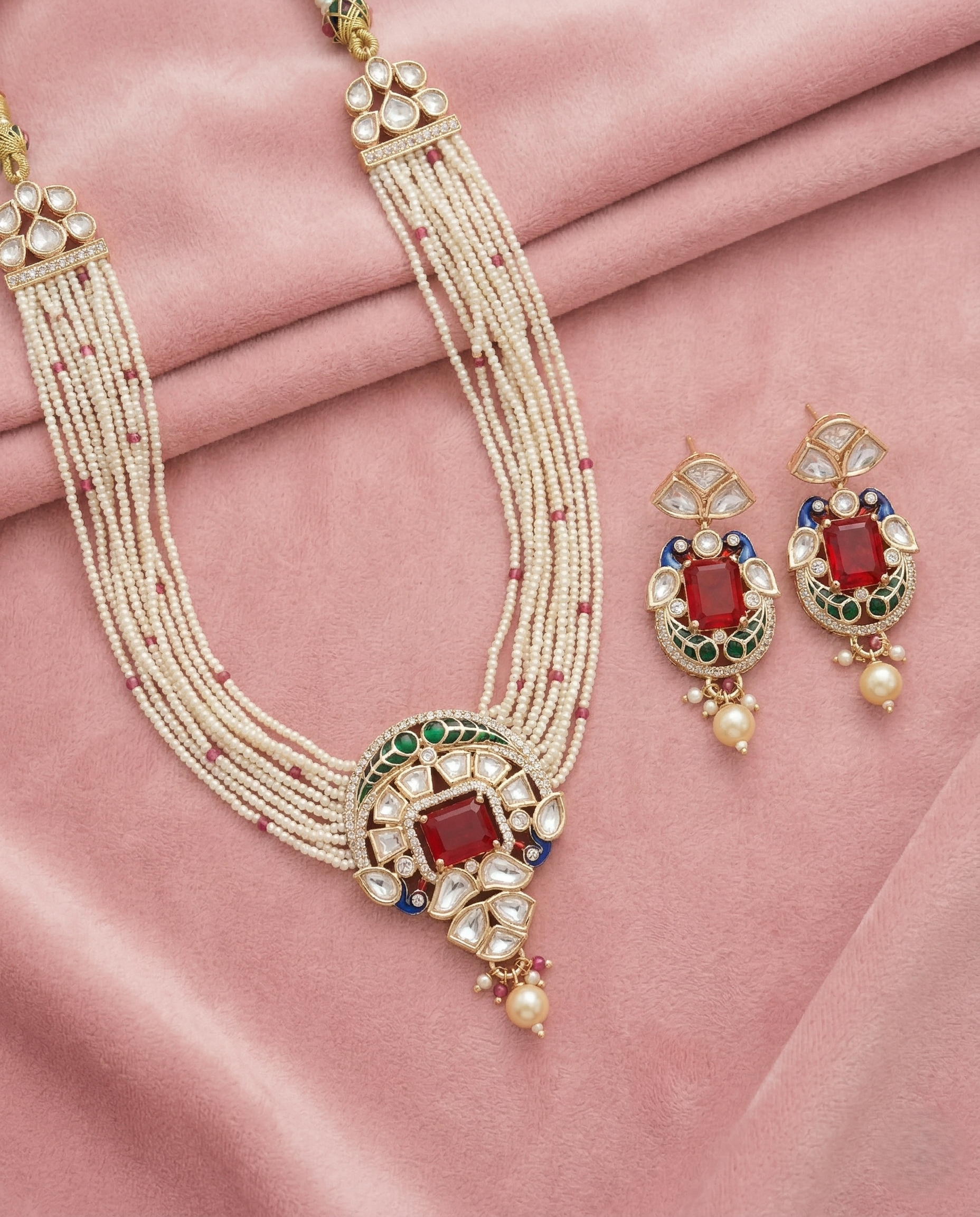 Kundan Pearl Choker Necklace Set Real Gold Tone with Ruby Red and Green Stone Detailing with Earrings