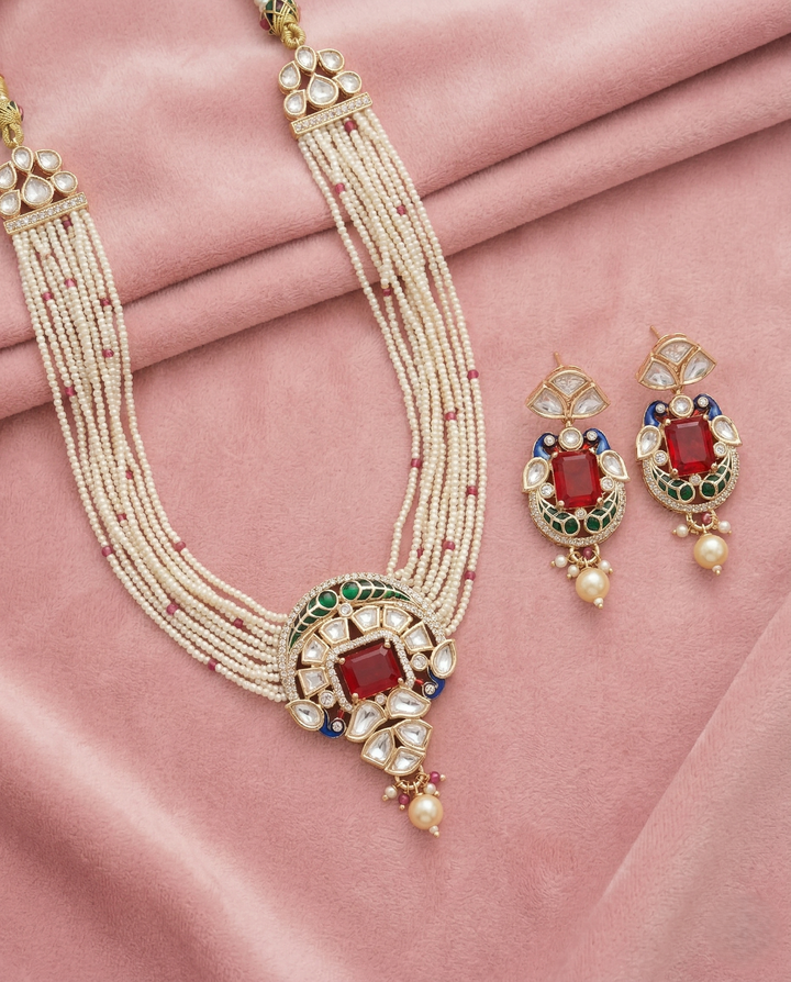 Kundan Pearl Choker Necklace Set Real Gold Tone with Ruby Red and Green Stone Detailing with Earrings