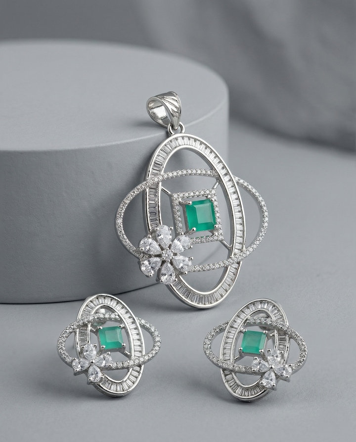 Premium Emerald Crystal Orbit Pendant Set in Silver Tone