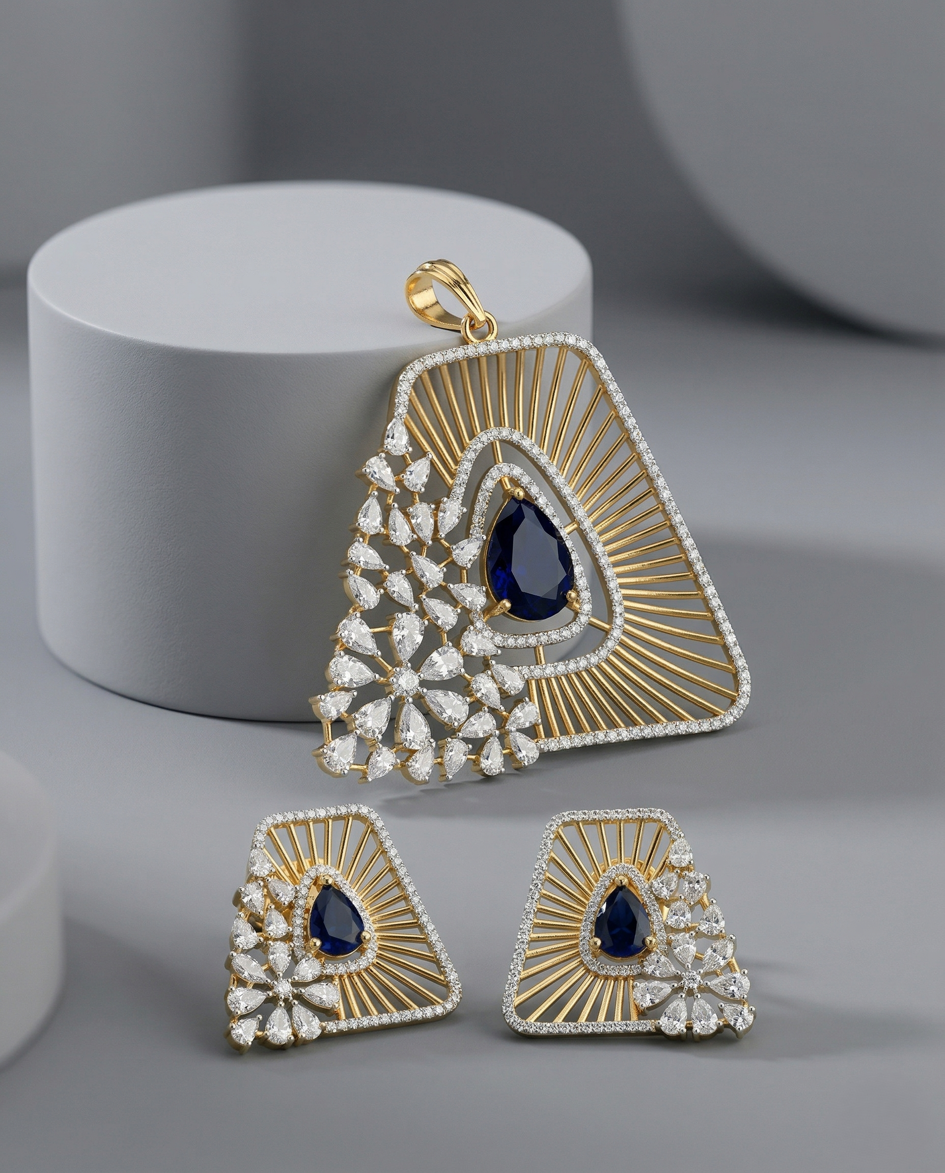 Premium Royal Blue Teardrop Designer Pendant Set in Gold Tone