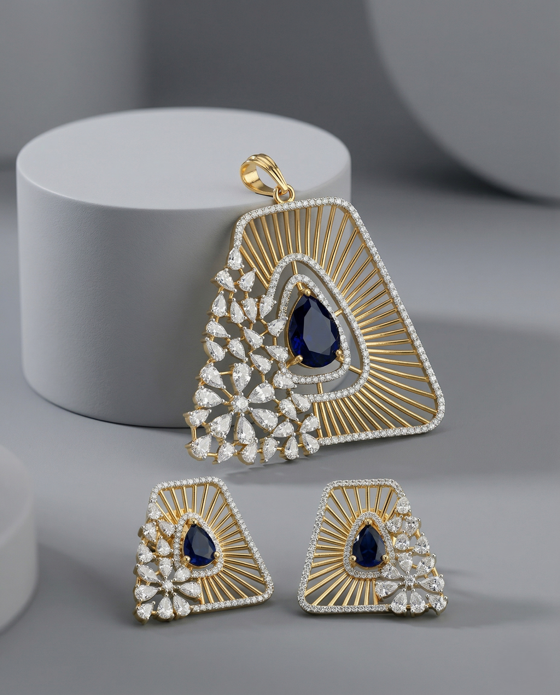 Premium Royal Blue Teardrop Designer Pendant Set in Gold Tone