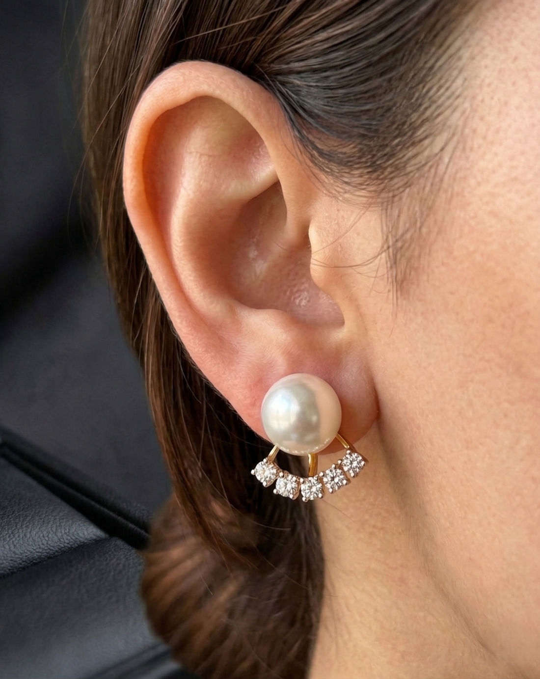 Lunara Arc Pearl Studs – Pearl & Diamond Curve Earrings in Gold Finish