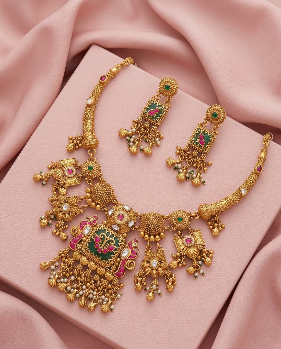 Antique Gold Green Enamel Necklace Set with Pink Stones & Ghungroo Work