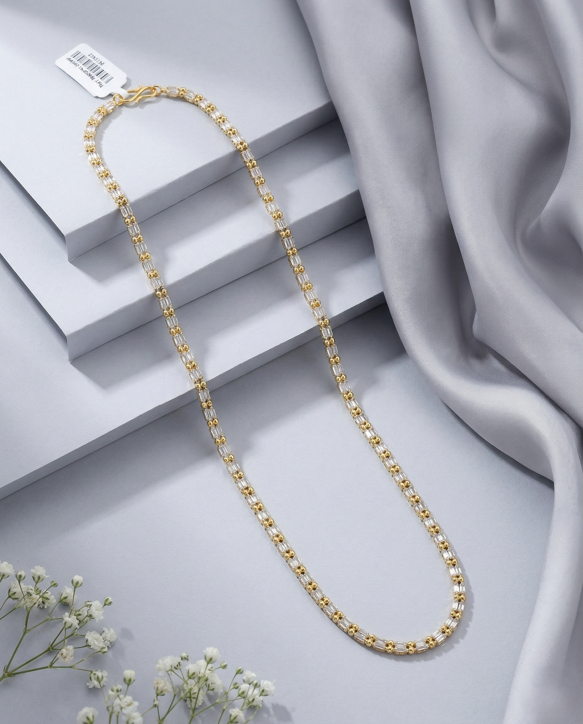 Two Tone Box Pattern Long Chain Necklace | Gold Silver Textured Chain for Women