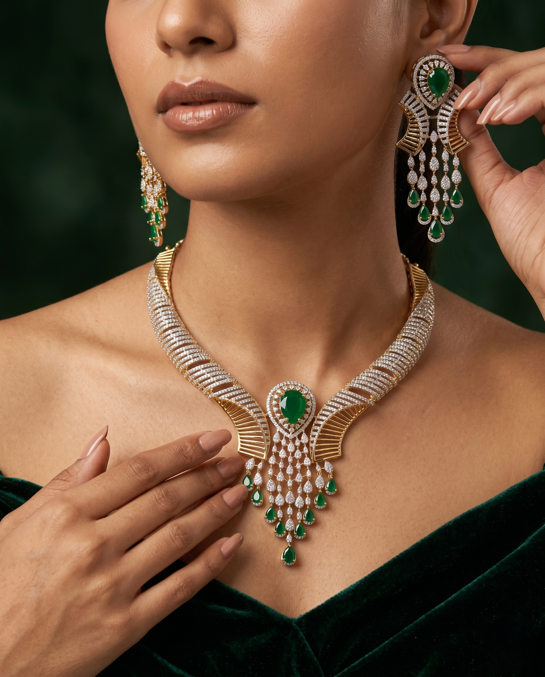 Green Emerald Style Gold Finish Necklace Set with Matching Earrings