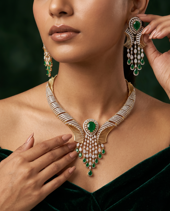 Green Emerald Style Gold Finish Necklace Set with Matching Earrings