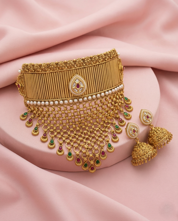 Antique Gold Bridal Choker Necklace Set with Pearl Detailing & Kundan Work