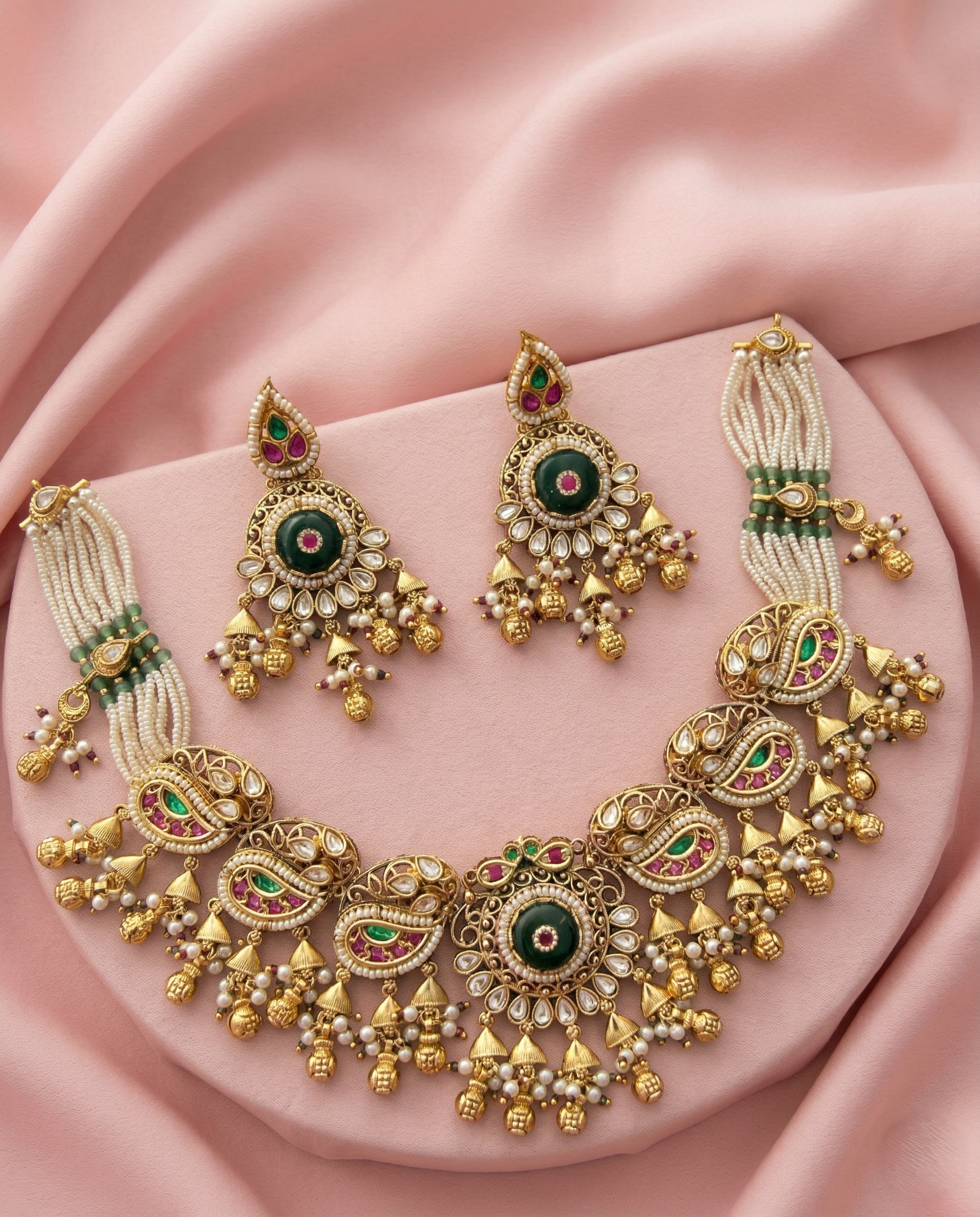Traditional Gold Finish Kundan Necklace Set with Green Enamel, Pink Stones & Pearl Drops