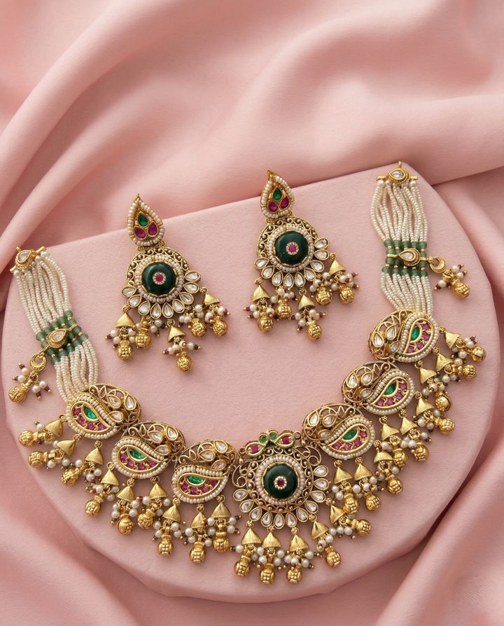 Traditional Gold Finish Kundan Necklace Set with Green Enamel, Pink Stones & Pearl Drops