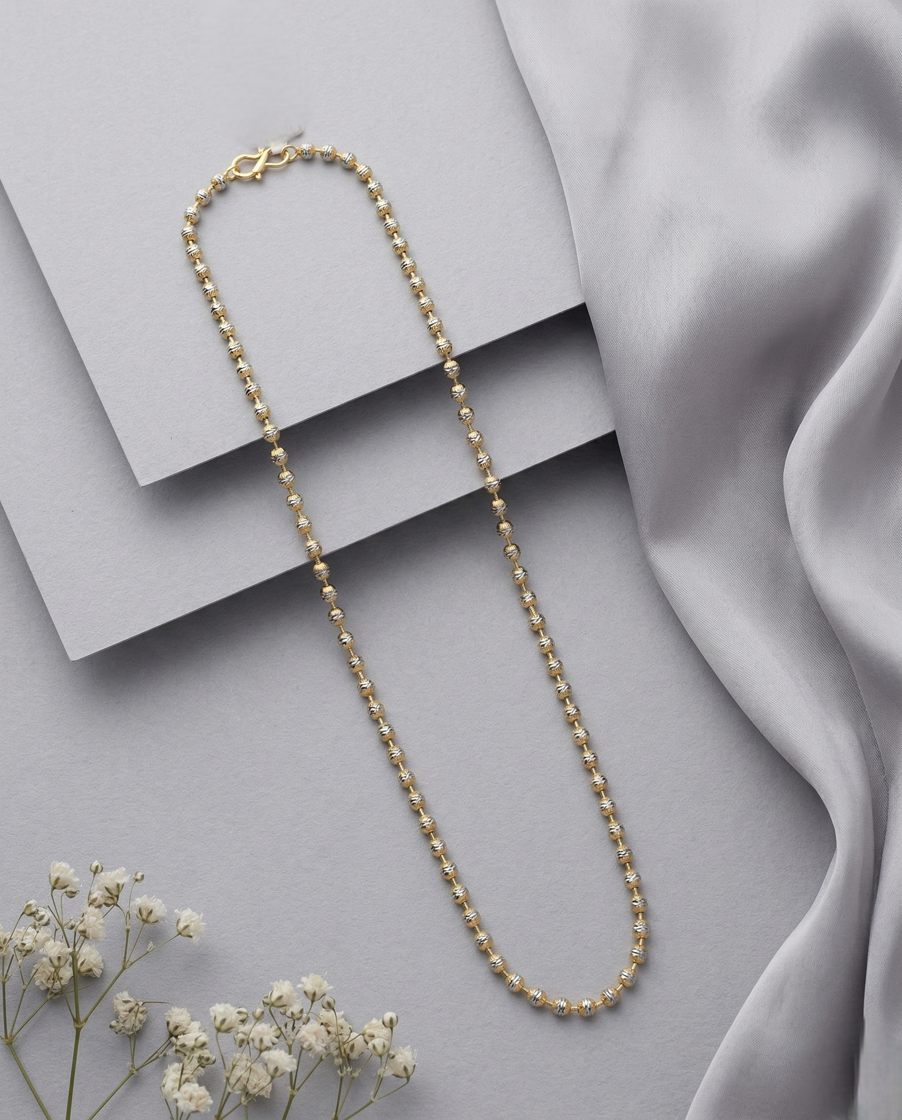 Two Tone Diamond Cut Bead Chain Necklace | Gold Silver Round Bead Long Chain for Women
