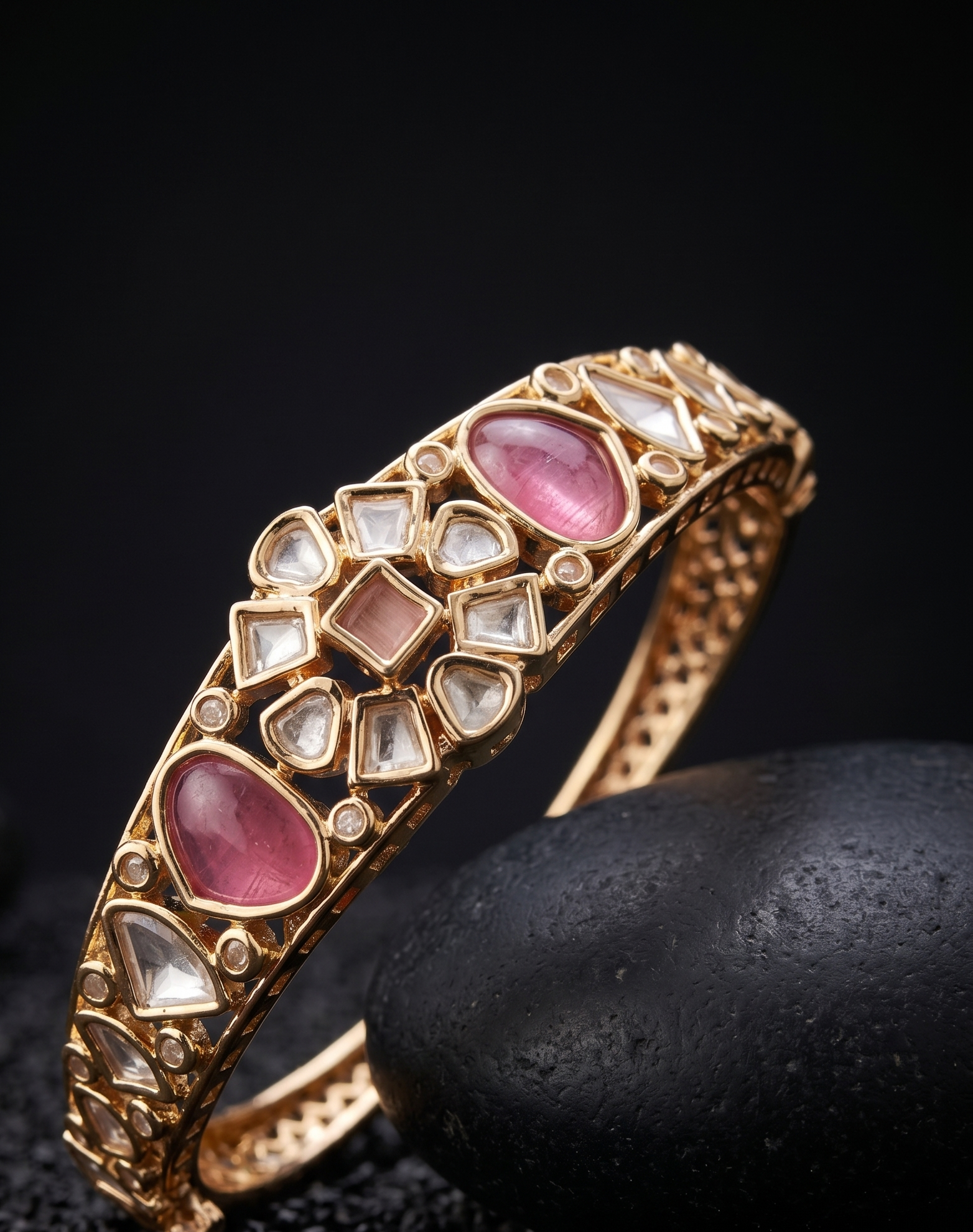 Rajnidhi Polki Gold Tone Openable Braclete For Women