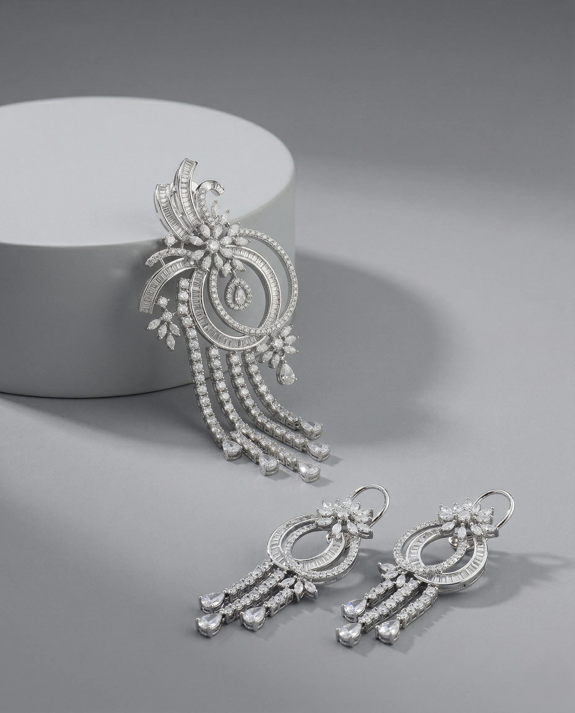 Designer Spiral Diamond Style Pendant Set with Long Drop Earrings – Silver Finish