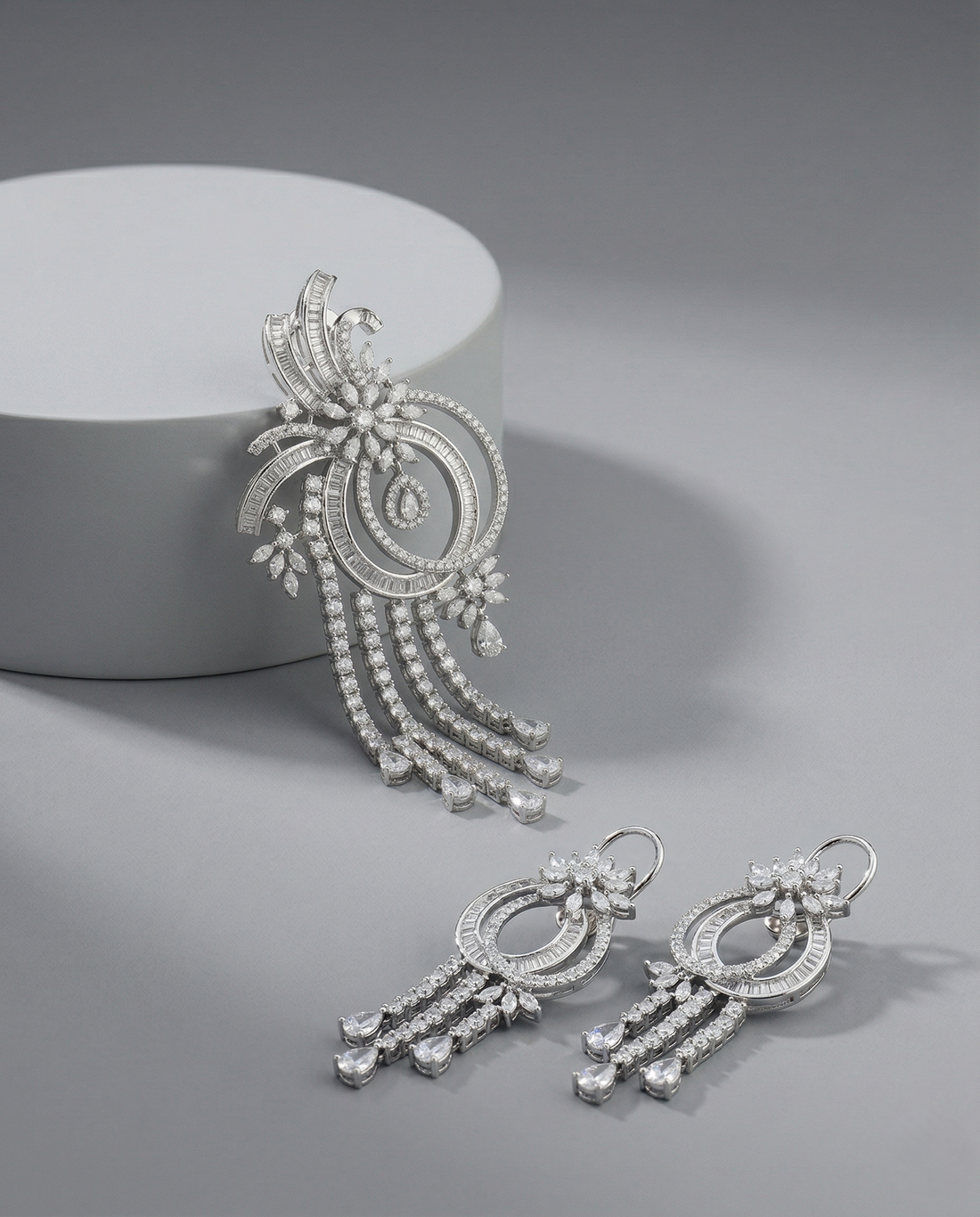 Designer Spiral Diamond Style Pendant Set with Long Drop Earrings – Silver Finish