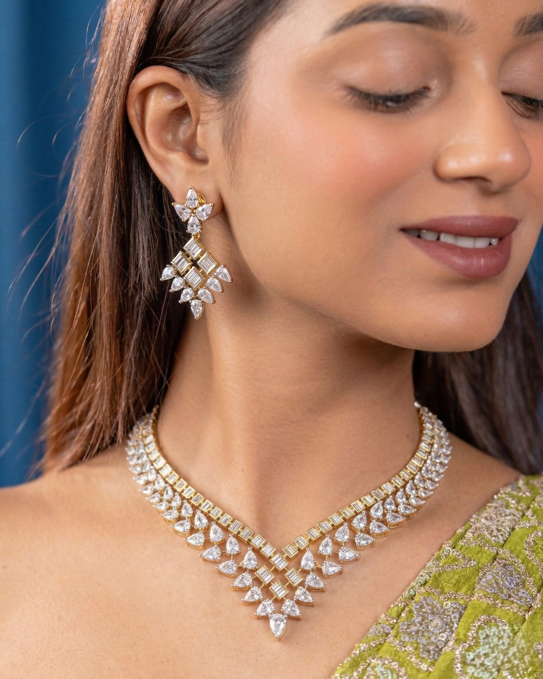 Gold Polish American Diamond Necklace Set with Pear Drop Design