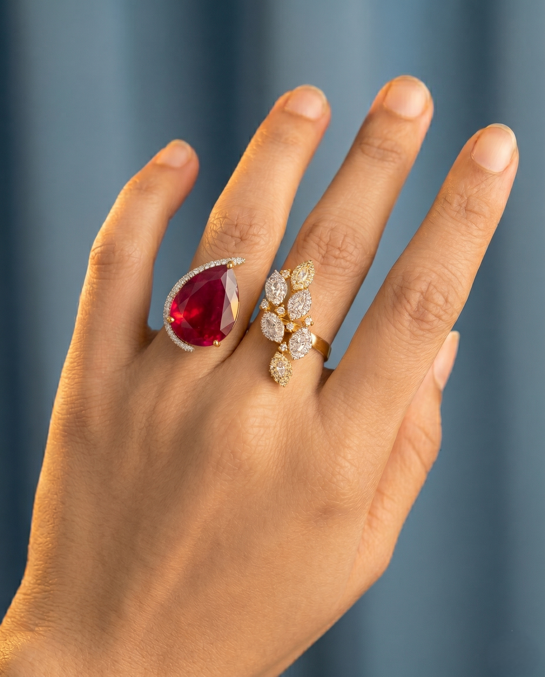 Dual Elegance Adjustable Ring – Statement Stone & Diamond Cluster | Fit for All Fingers