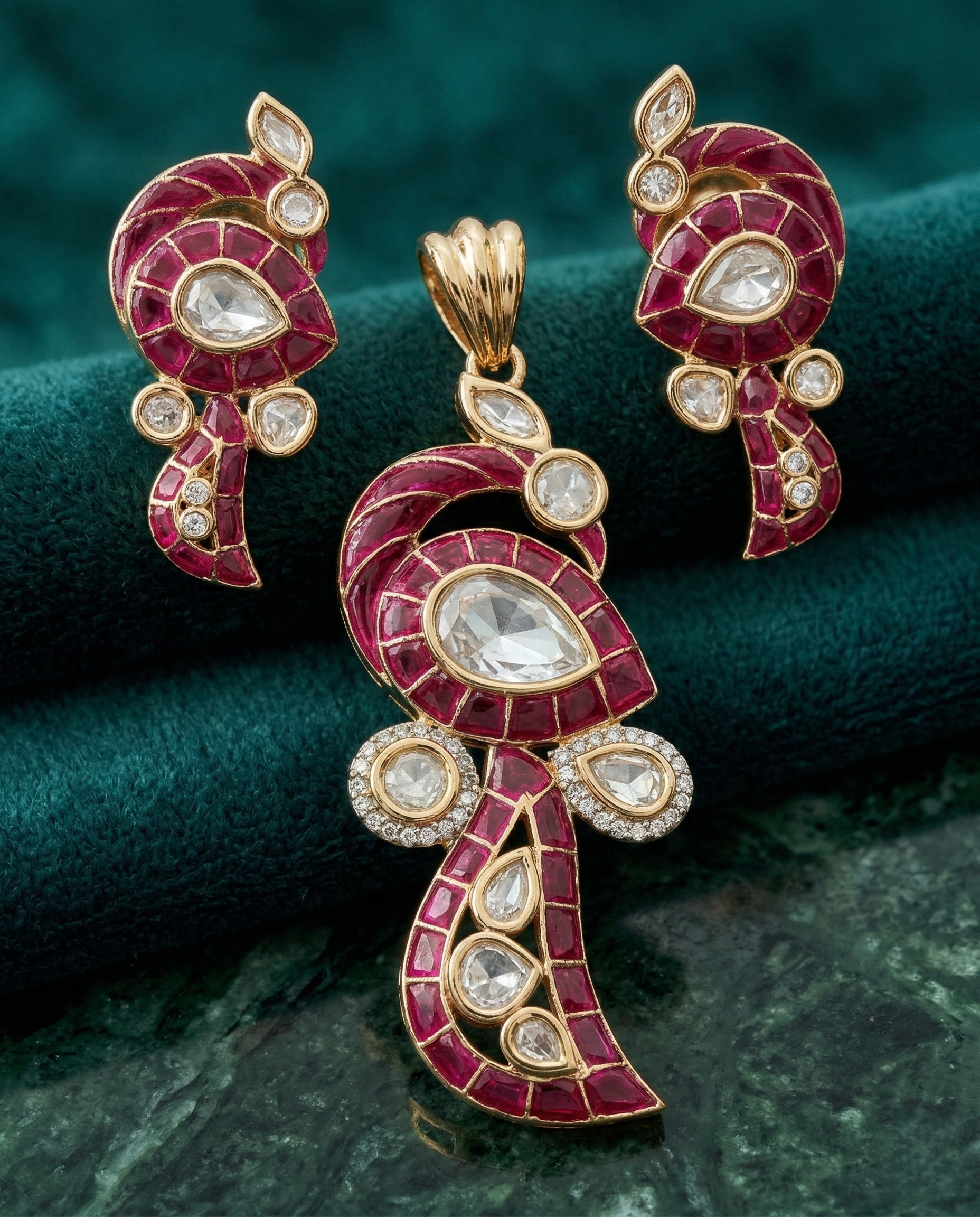 Paisley Kundan Pendant Set with Earrings in Emerald, Ruby Pink and Royal Blue