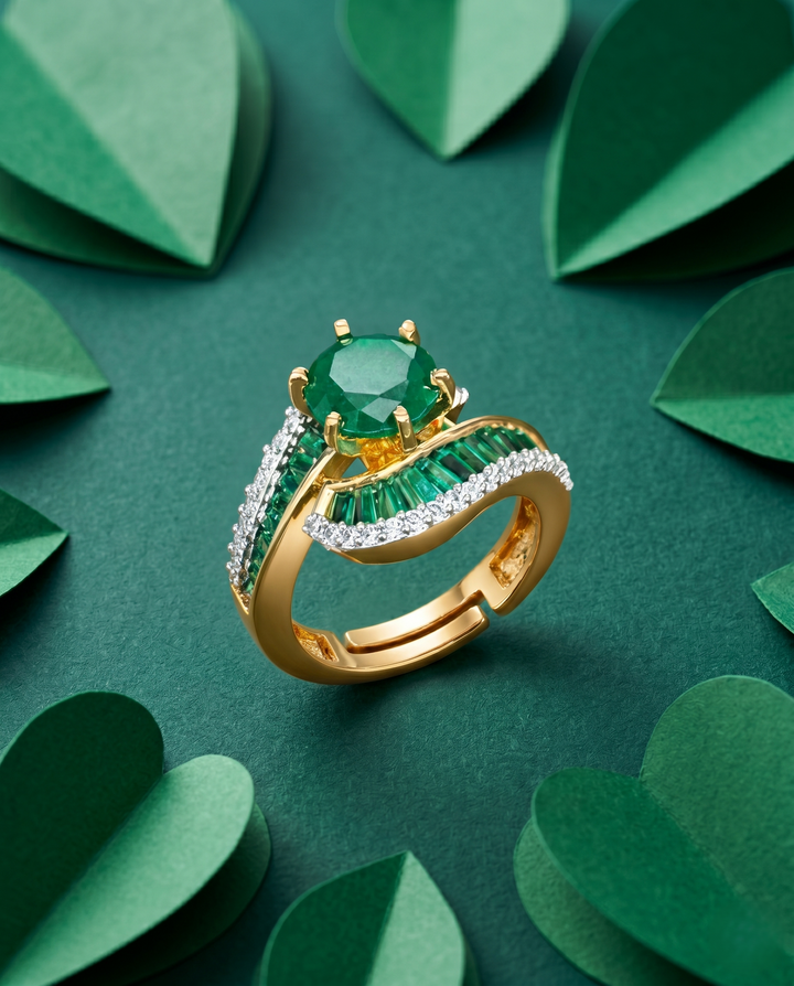 Royal Curve Stone Gold Plated Adjustable Ring (Ruby Red, Diamond White, Emerald Green)