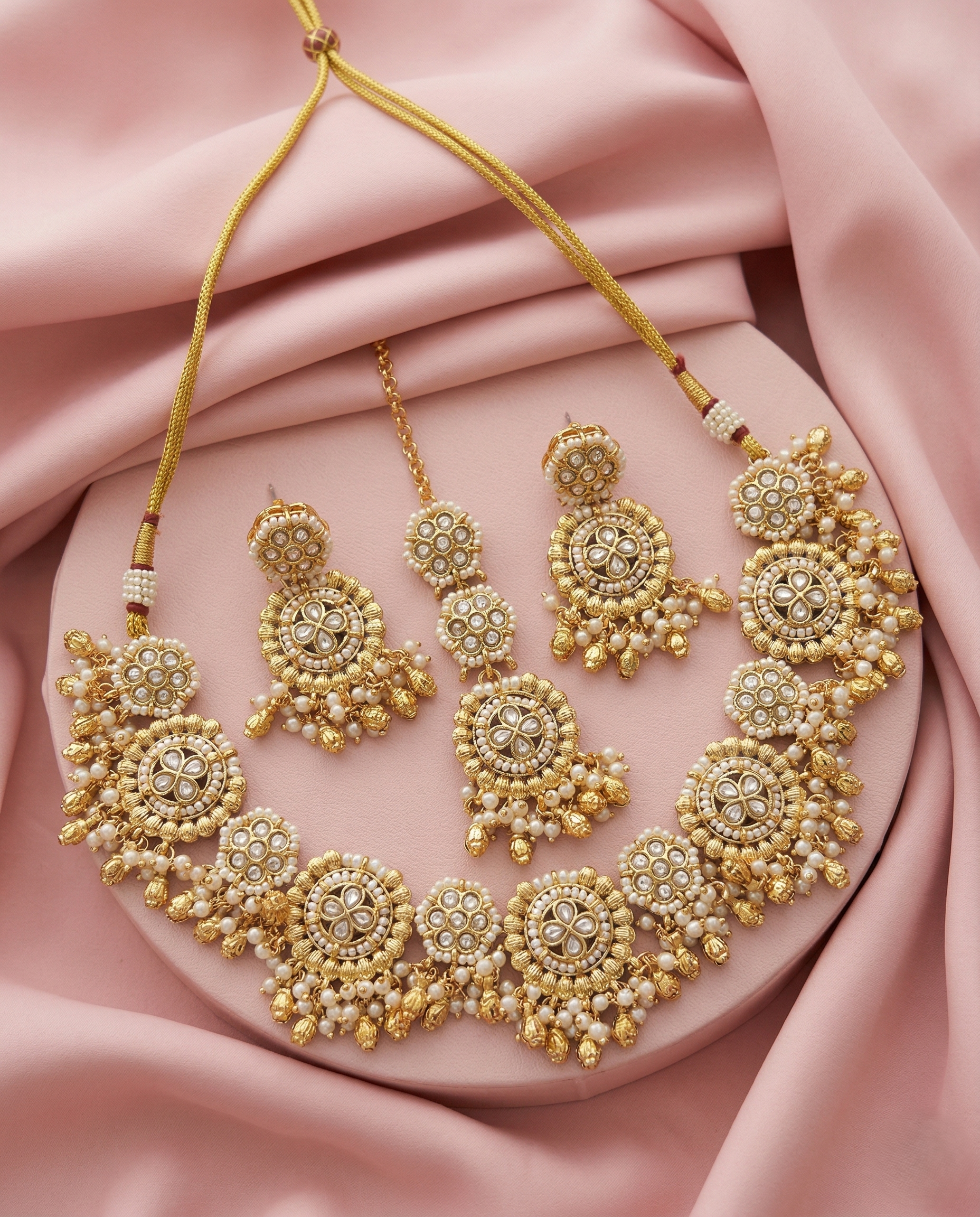 Premium Antique Finish Gold Plated Floral Heritage Necklace Set with Dual Color Variations