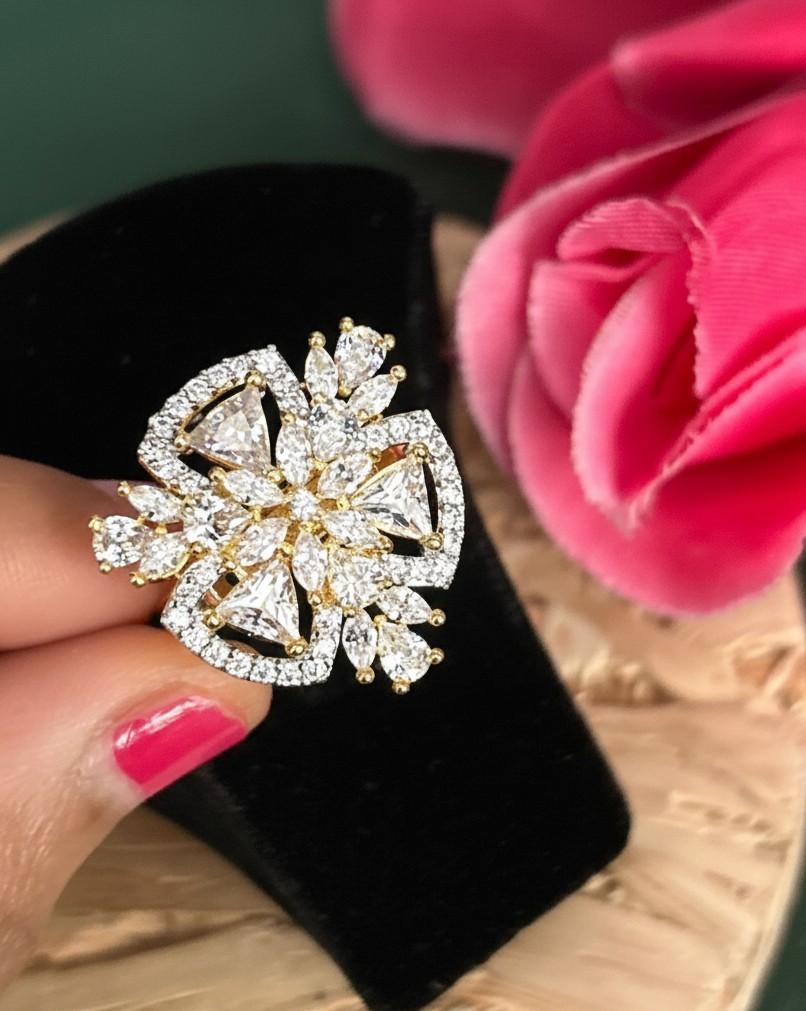 Luxury Floral Cluster Diamond Finish Adjustable Ring for Women