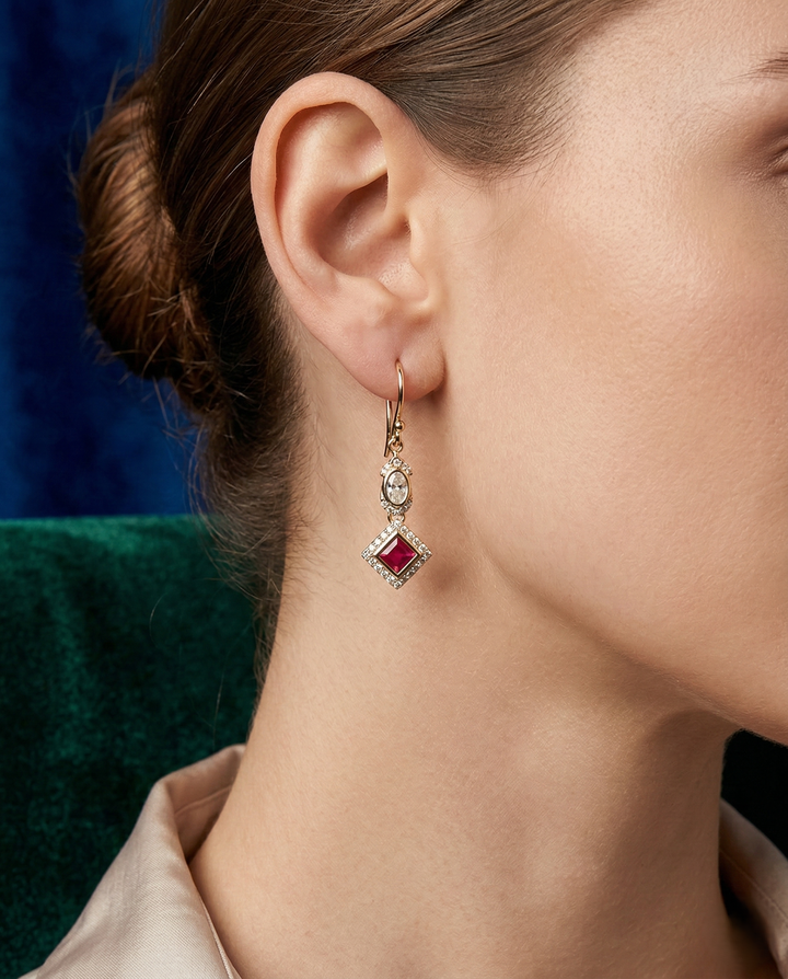 Premium Kundan Square Drop Earrings White Ruby Green