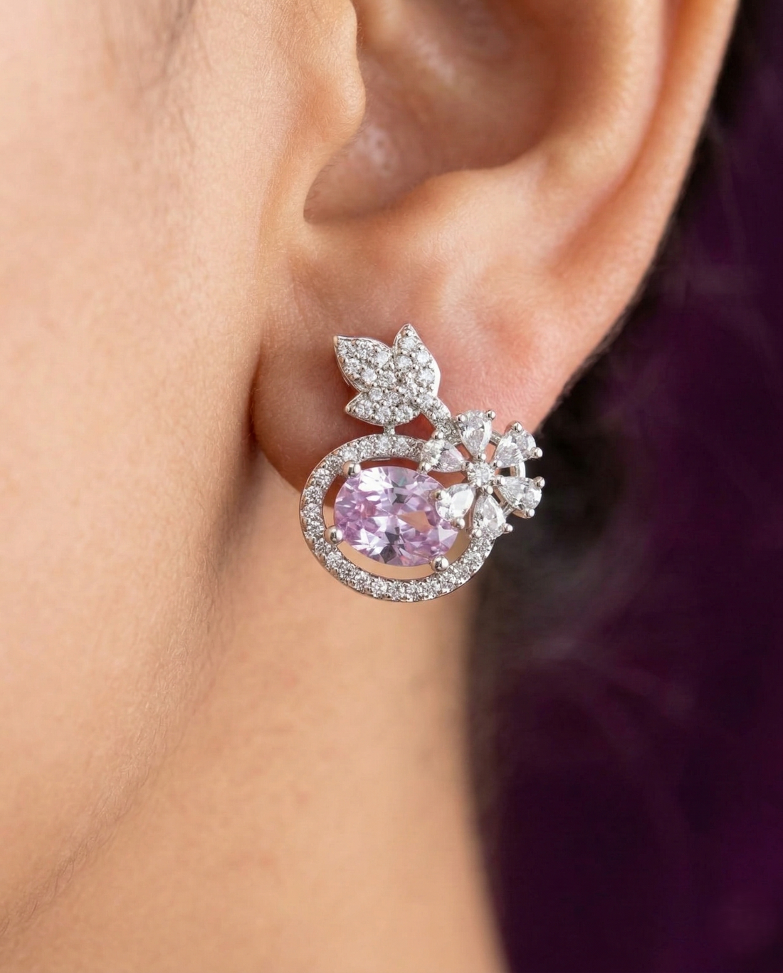 Butterfly Floral CZ Designer Stud Earrings – Silver Finish | 10 Colour Variants