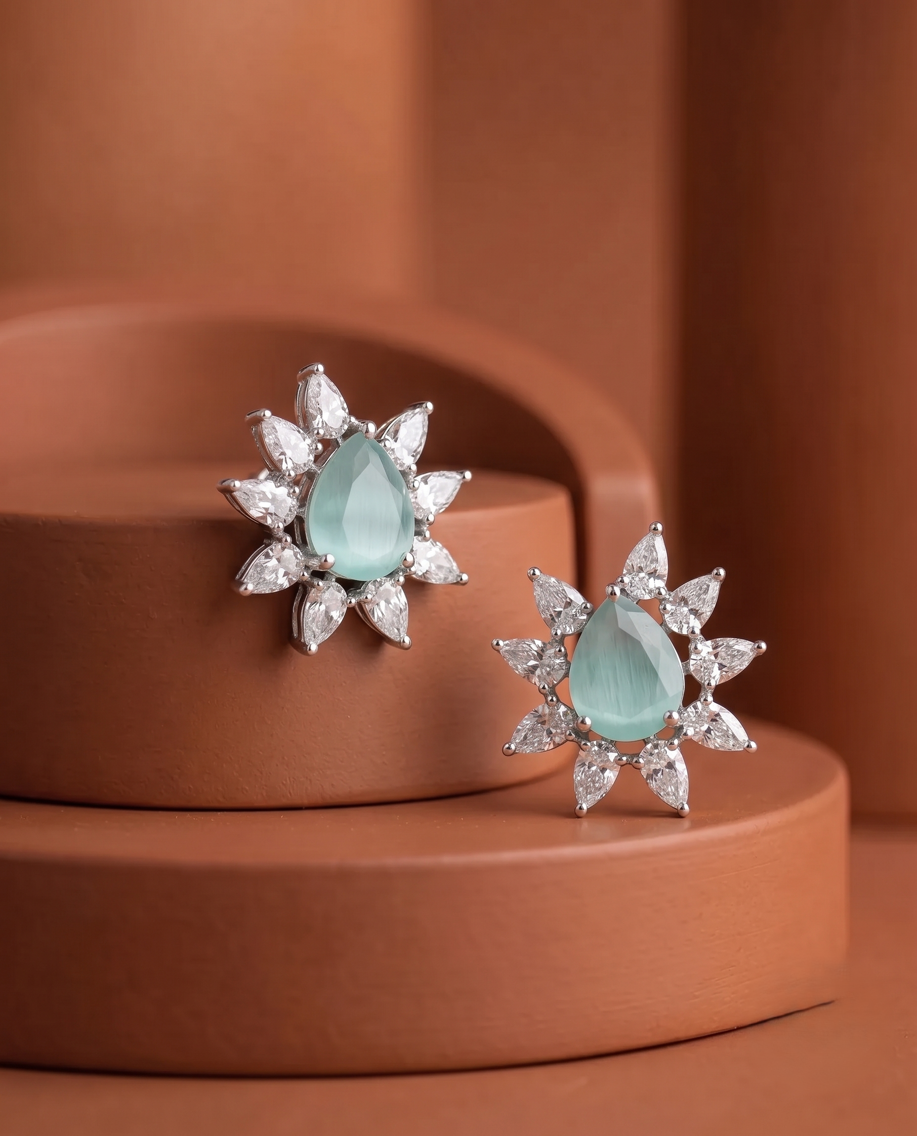 Celestia Bloom Studs – Pear Stone Diamond Floral Earrings (Multi Color Variants) - Silver Plated