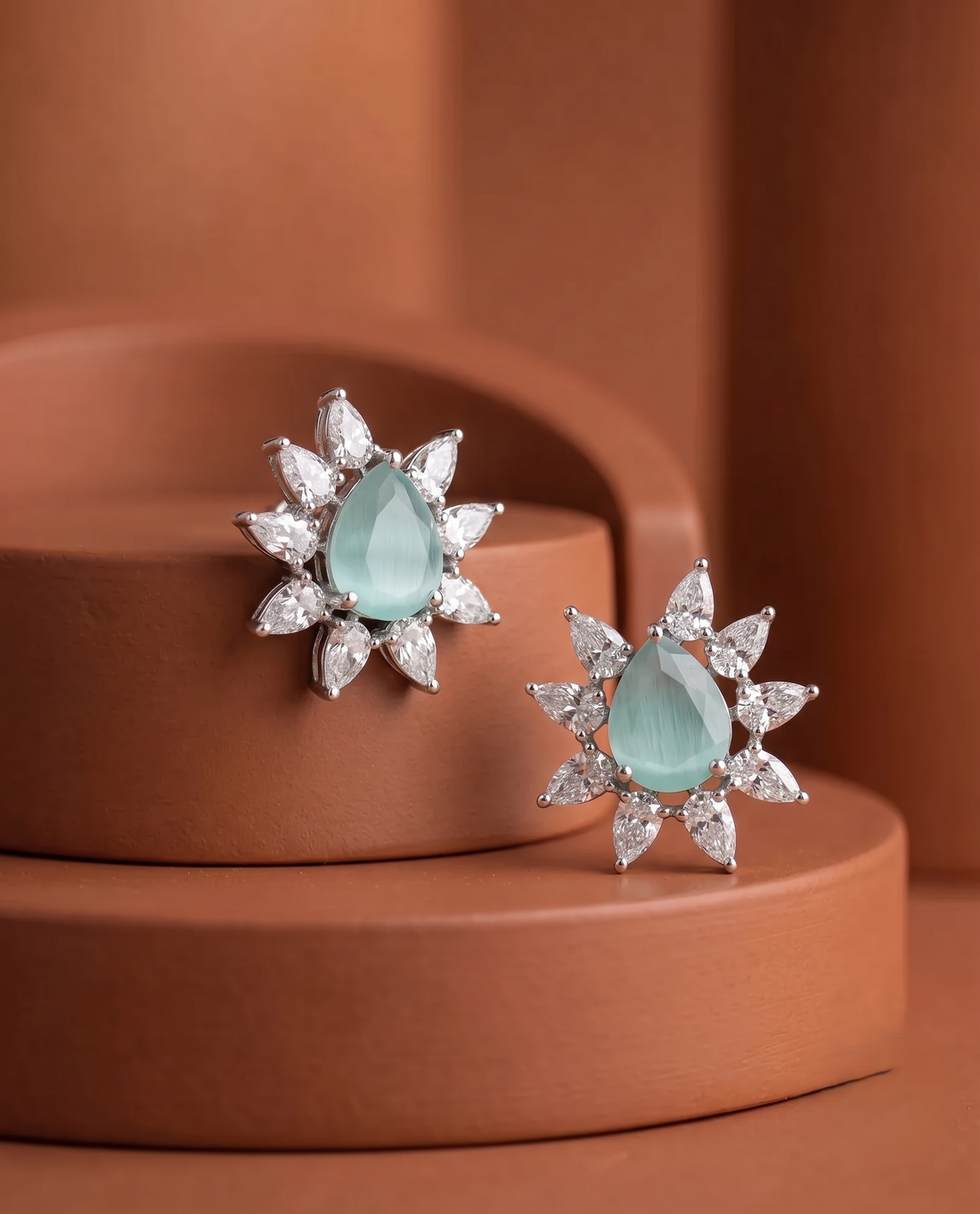 Celestia Bloom Studs – Pear Stone Diamond Floral Earrings (Multi Color Variants) - Silver Plated