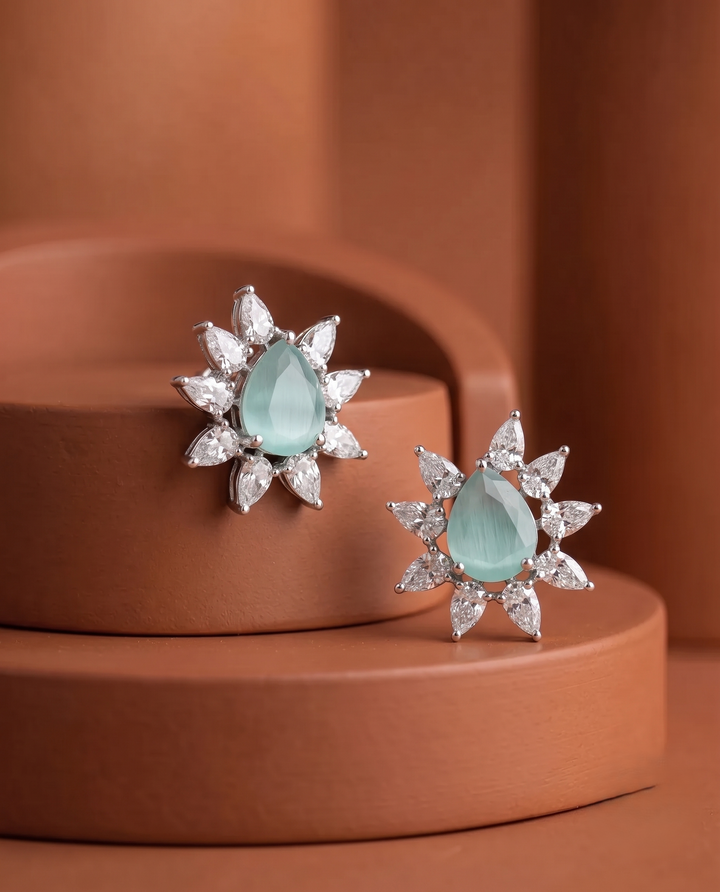 Celestia Bloom Studs – Pear Stone Diamond Floral Earrings (Multi Color Variants) - Silver Plated