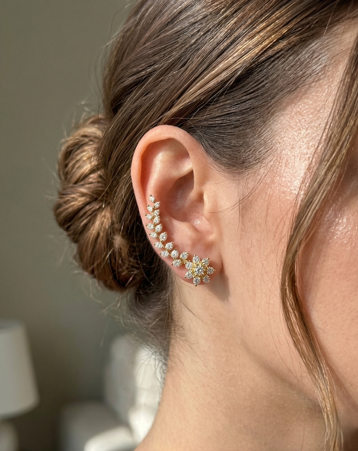 Premium Virelle Ear Cuff – Gold Polish Diamond Curved Floral Statement Design